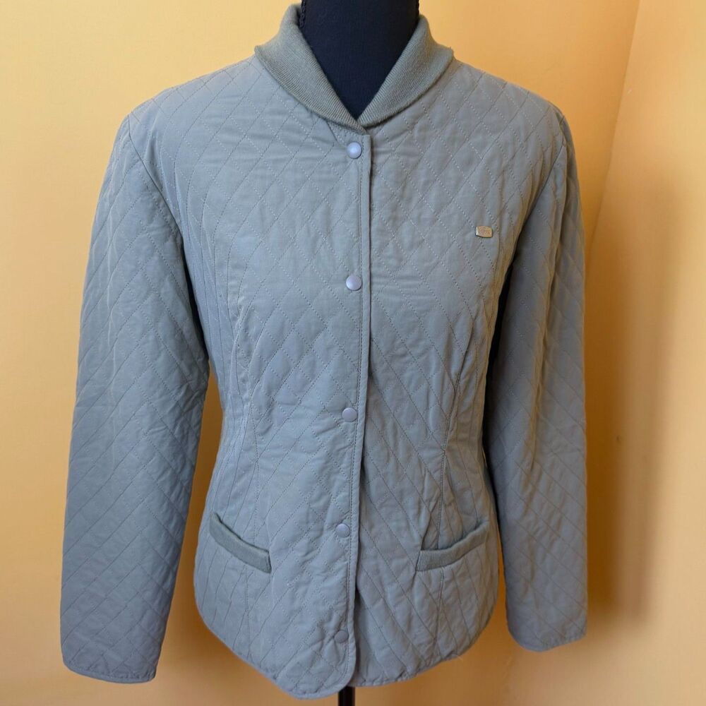 Lacoste Quilted Bomber Jacket Womens 36 Small Sage Green Snap Front Lightweight